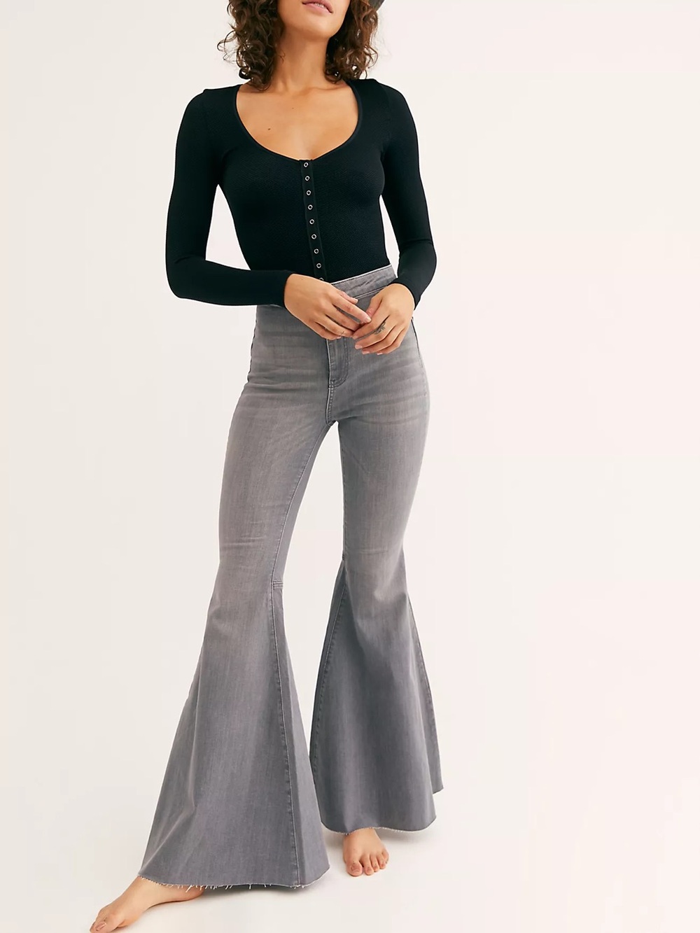 Free People Just Float On Flare Jeans Smoke Grey Size 27 High Waist Raw Hem